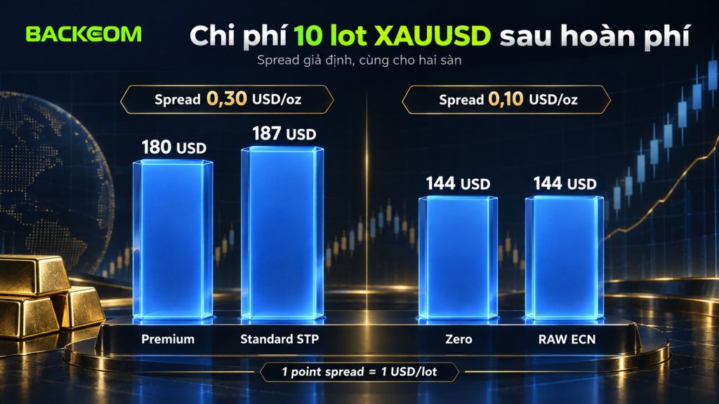 Spread vàng HFM và Vantage: chi phí 10 lot XAUUSD sau hoàn phí với spread giả định, Premium 180 và Standard STP 187 USD, Zero và RAW ECN cùng 144 USD