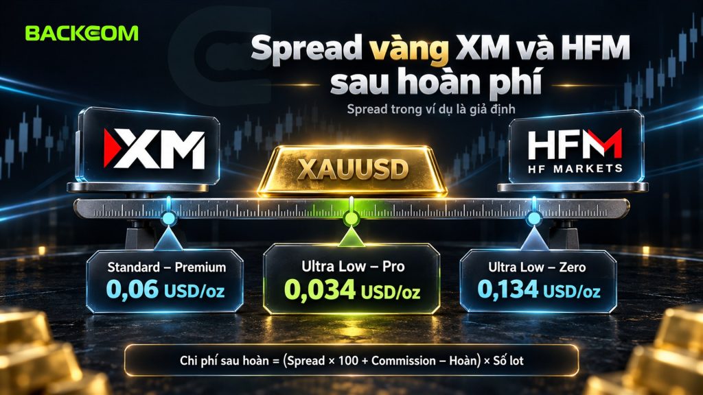 So sánh XM và HFM chi phí vàng sau hoàn phí: ngưỡng hòa vốn Standard – Premium 0,06 USD/oz, Ultra Low – Pro 0,034 USD/oz, Ultra Low – Zero 0,134 USD/oz