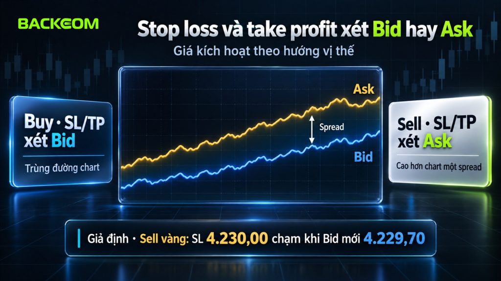 Các loại lệnh trong forex với stop loss và take profit: vị thế Buy xét Bid, vị thế Sell xét Ask, ví dụ giả định SL Sell 4.230,00 chạm khi Bid 4.229,70