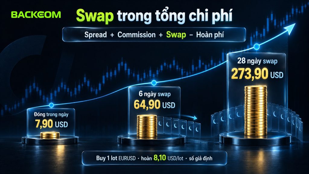 Phí swap là gì trong tổng chi phí: ví dụ giả định Buy 1 lot EURUSD có chi phí ròng 7,90 USD khi đóng trong ngày, 64,90 USD sau 6 ngày swap và 273,90 USD sau 28 ngày swap