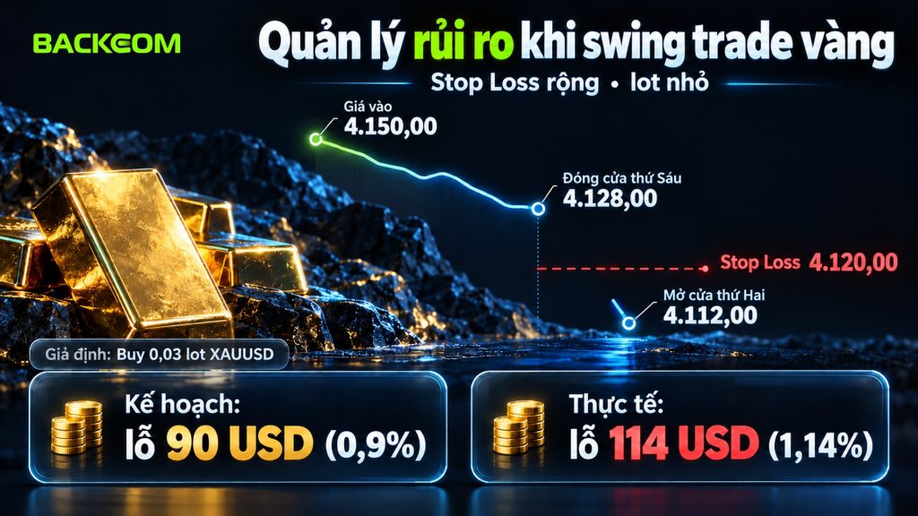 Swing trade vàng và gap cuối tuần: Stop Loss 4.120,00 khớp ở 4.112,00, lỗ 114 USD thay vì 90 USD dự kiến