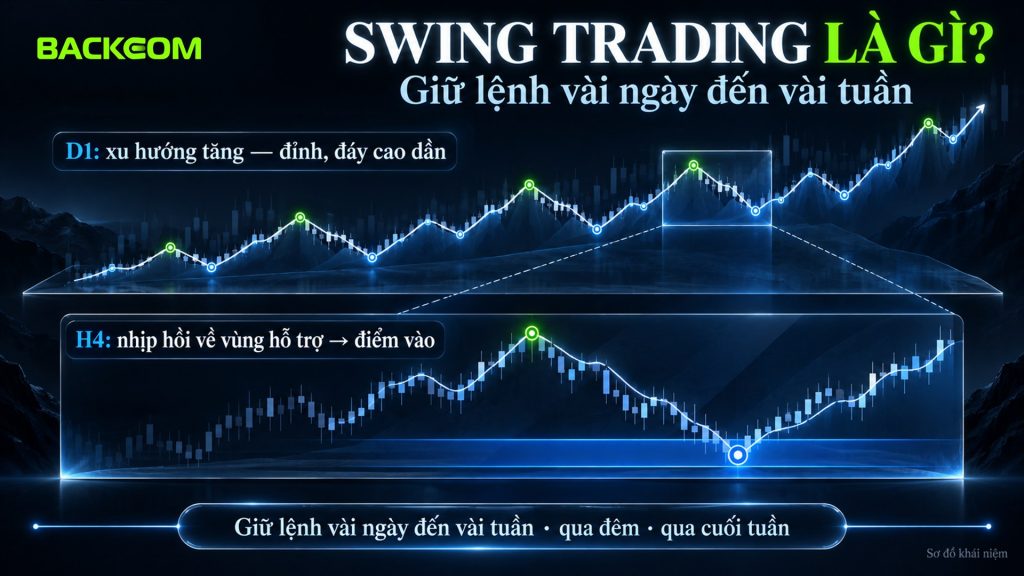 Swing trading là gì: xem xu hướng trên D1, tìm nhịp hồi trên H4 và giữ lệnh vài ngày đến vài tuần