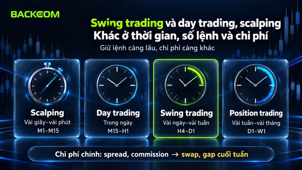 Swing trading và day trading, scalping, position trading khác nhau về thời gian giữ lệnh, khung biểu đồ và chi phí chính