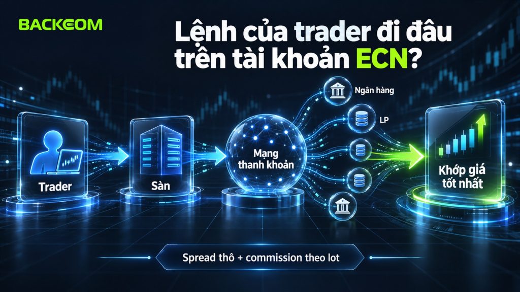 Tài khoản ECN là gì: lệnh đi từ trader qua sàn vào mạng thanh khoản gồm ngân hàng và nhà cung cấp thanh khoản rồi khớp ở giá tốt nhất