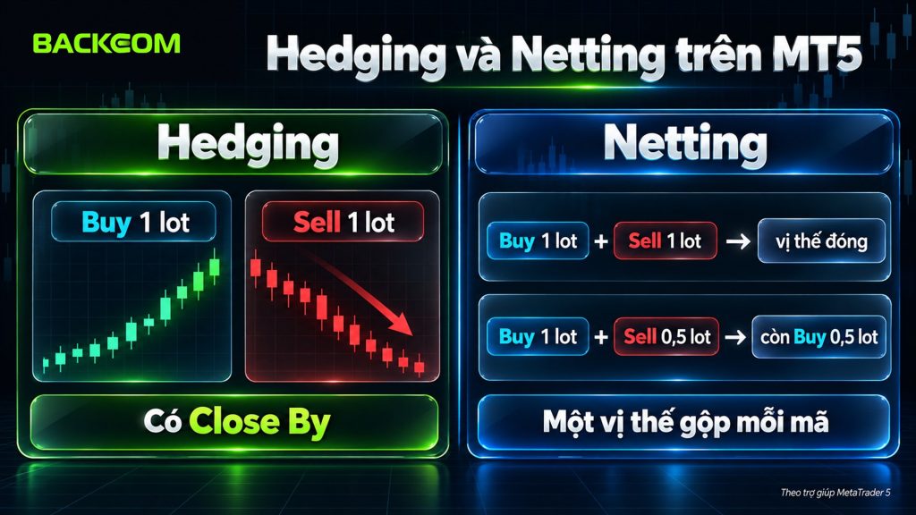 Tài khoản hedging giữ hai vị thế Buy và Sell cùng mã, còn tài khoản netting gộp thành một vị thế trên MT5
