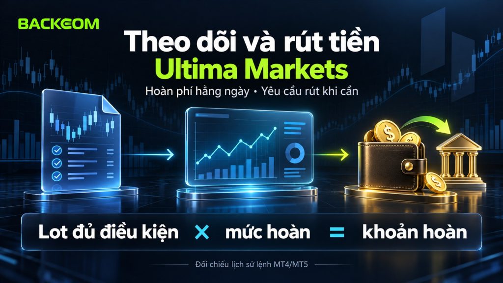 Theo dõi và rút tiền backcom Ultima Markets: hoàn phí hằng ngày, lot đủ điều kiện nhân mức hoàn bằng khoản hoàn, đối chiếu lịch sử lệnh MT4/MT5