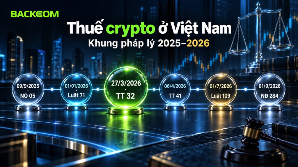 Thuế crypto ở Việt Nam: các mốc Nghị quyết 05 ngày 09/9/2025, Luật 71, Thông tư 32 ngày 27/3/2026, Thông tư 41, Luật 109 và Nghị định 284 ngày 01/9/2026