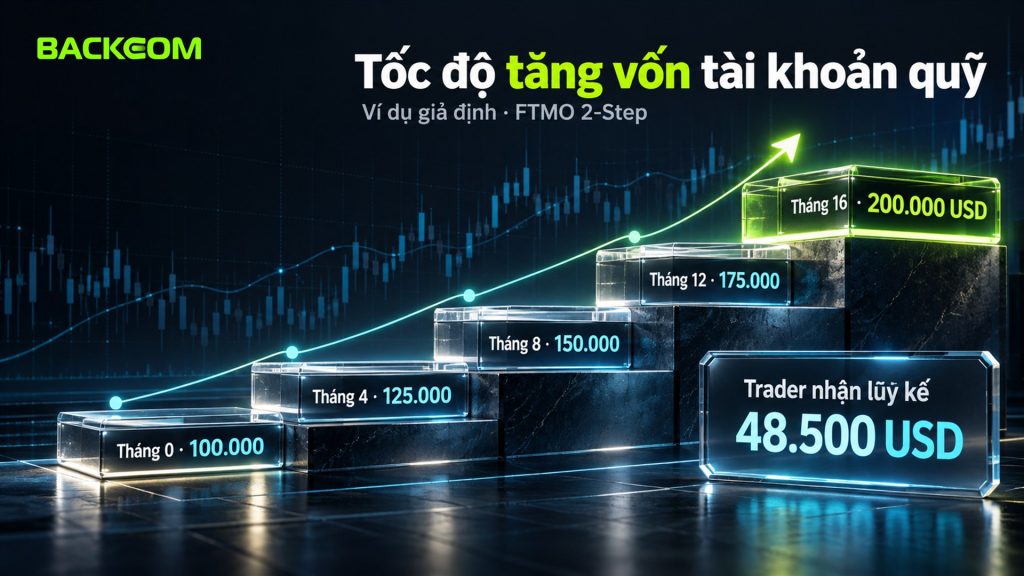 Scaling plan là gì qua ví dụ giả định FTMO 2-Step: 100.000 lên 125.000, 150.000, 175.000 USD sau 4, 8, 12 tháng, trader nhận lũy kế 48.500 USD