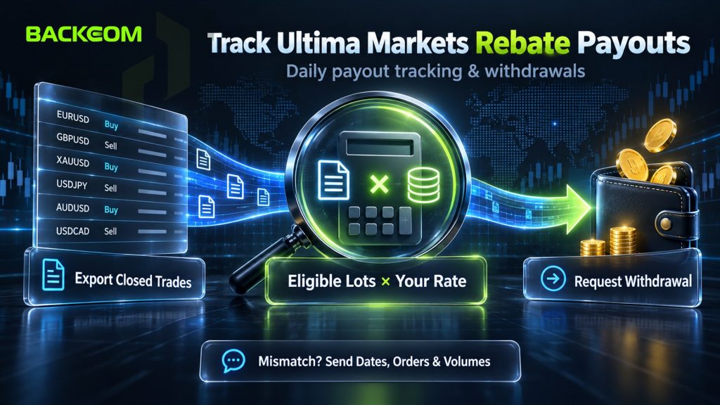 Track Ultima Markets rebate payouts: export closed trades, multiply eligible lots by your rate and request a withdrawal