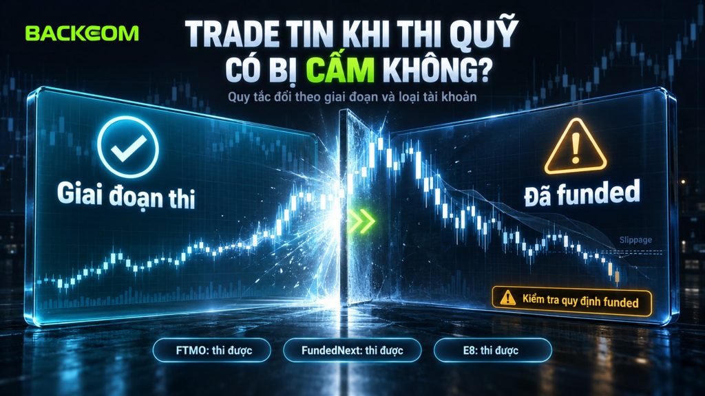 Trade tin khi thi quỹ phần lớn được phép ở giai đoạn thi; FTMO, FundedNext và E8 chỉ siết trên một số tài khoản funded