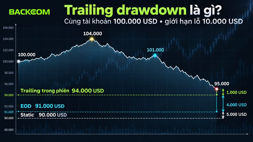 Trailing drawdown là gì: cùng tài khoản 100.000 USD giới hạn lỗ 10.000 USD, sàn trailing trong phiên 94.000, EOD 91.000 và static 90.000 USD
