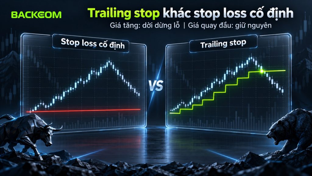 Trailing stop là gì so với stop loss cố định: ví dụ giả định EUR/USD 0,10 lot, SL cố định lỗ 30 USD, trailing 300 point chốt khoảng 50 USD