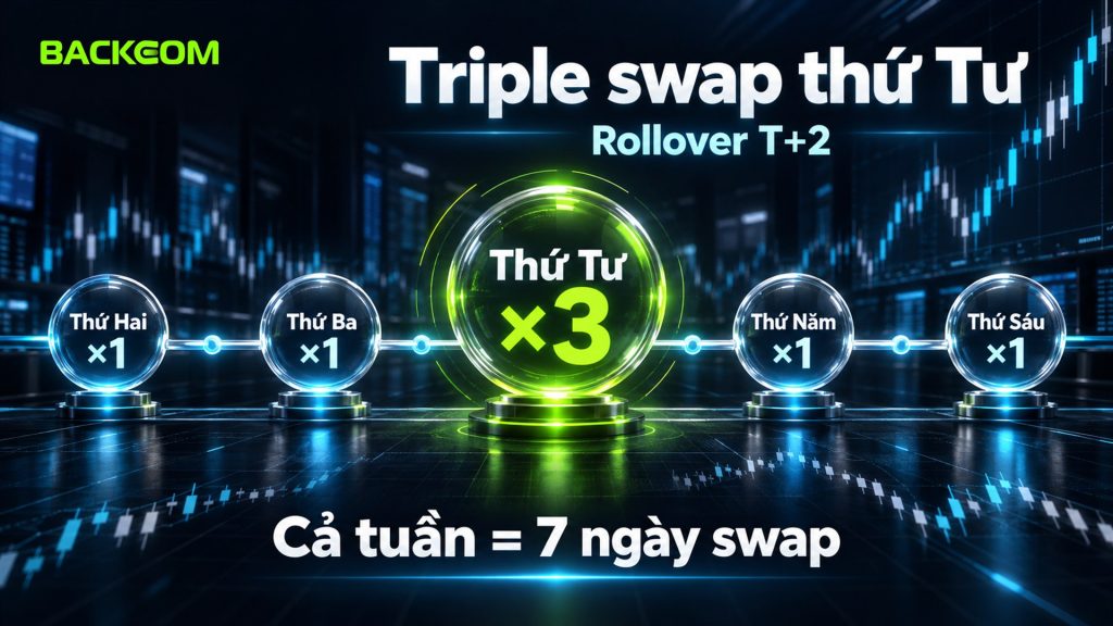 Phí swap là gì theo lịch tuần: triple swap thứ Tư tính 3 ngày, cả tuần 7 ngày swap, giờ chốt 04:00 giờ Việt Nam với máy chủ GMT+3 và 05:00 từ 02/11/2026