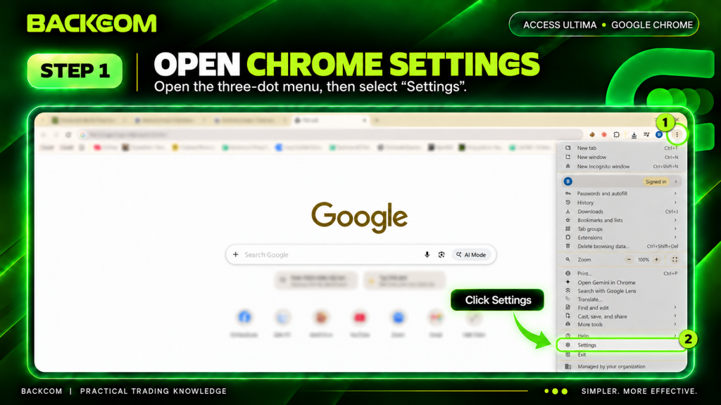 Change Chrome DNS step 1: open the three-dot menu in the top right and choose Settings