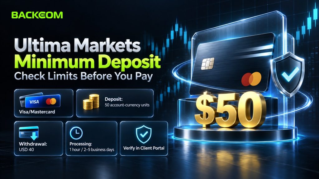 How to open an Ultima Markets account and fund it: minimum deposit 50 account-currency units by card, withdrawal from USD 40, check limits in the Client Portal
