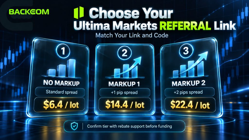 How to open an Ultima Markets account with the right referral link: No Markup rebate up to $6.4 per lot, Markup 1 up to $14.4, Markup 2 up to $22.4