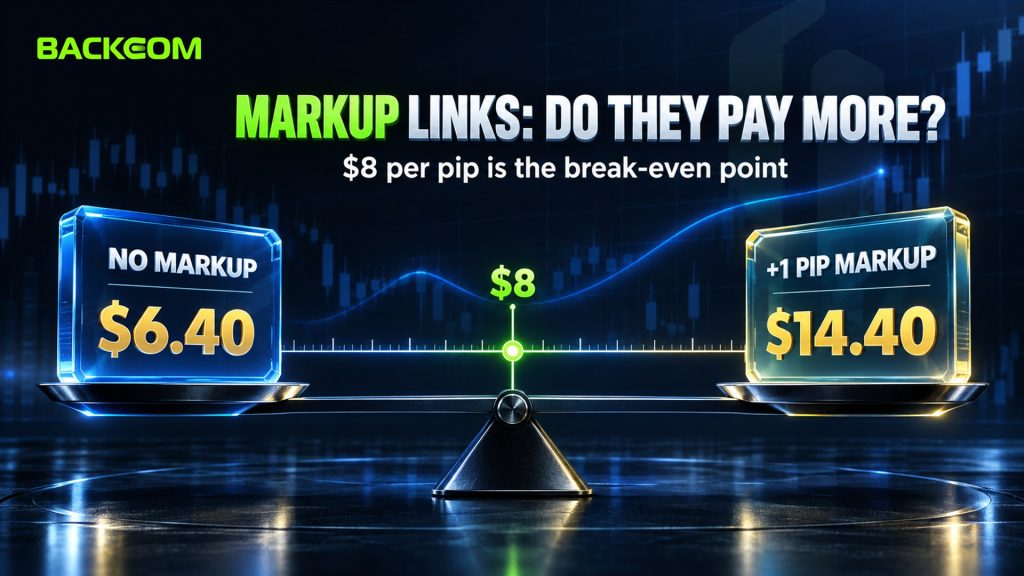 Ultima Markets markup links break even at $8 per pip per lot: above that pip value No Markup keeps more, below it a markup link pays more on paper