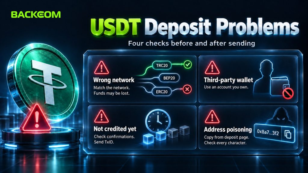 Common problems when you deposit USDT to a forex broker: wrong network, third-party wallet, delayed credit and address poisoning
