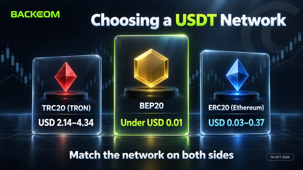 USDT transfer fees measured on 14 October 2026: USDT TRC20 USD 2.14–4.34, BEP20 under USD 0.01, ERC20 USD 0.03–0.37