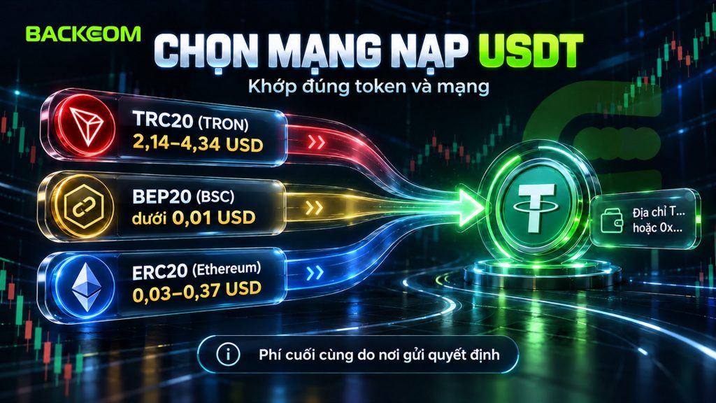 Phí chuyển USDT đo ngày 14/10/2026: USDT TRC20 2,14–4,34 USD, BEP20 dưới 0,01 USD, ERC20 0,03–0,37 USD; phí cuối cùng do nơi gửi quyết định