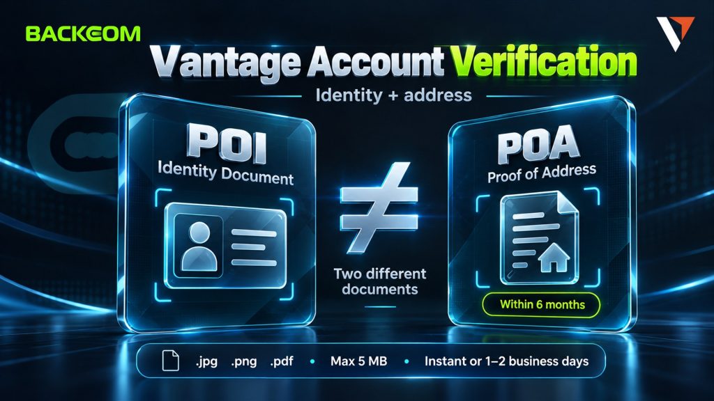 How to open a Vantage account and pass verification: proof of identity, proof of address within 6 months, files up to 5 MB, instant or 1–2 business days