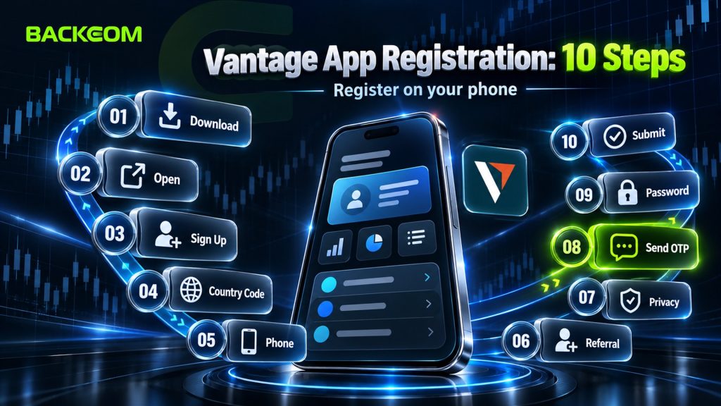 How to open a Vantage account in the app in 10 steps: download, sign up, country code, phone number, referral, send OTP, password and submit