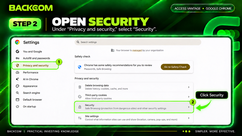 Change Chrome DNS step 2: choose Privacy and security, then click Security