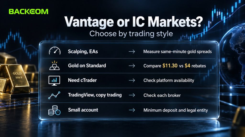 Vantage vs IC Markets by trading style: scalping and EAs, gold on Standard, cTrader, TradingView and copy trading, small accounts