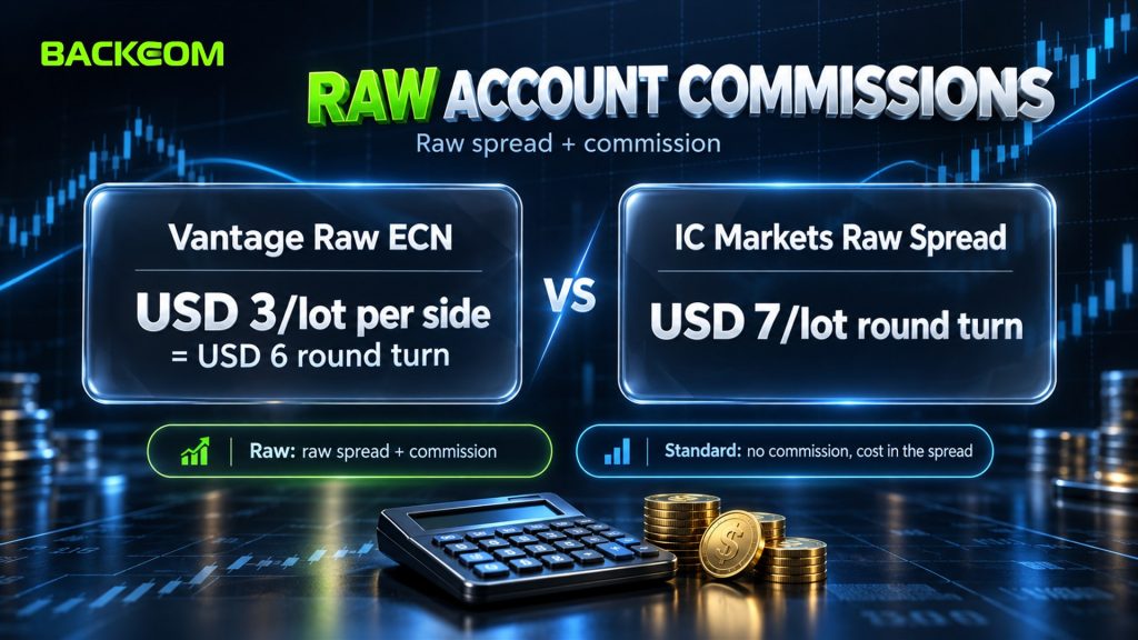 Vantage Raw ECN charges USD 3 per lot per side, IC Markets Raw Spread charges USD 7 per round-turn lot, and Standard accounts have no commission
