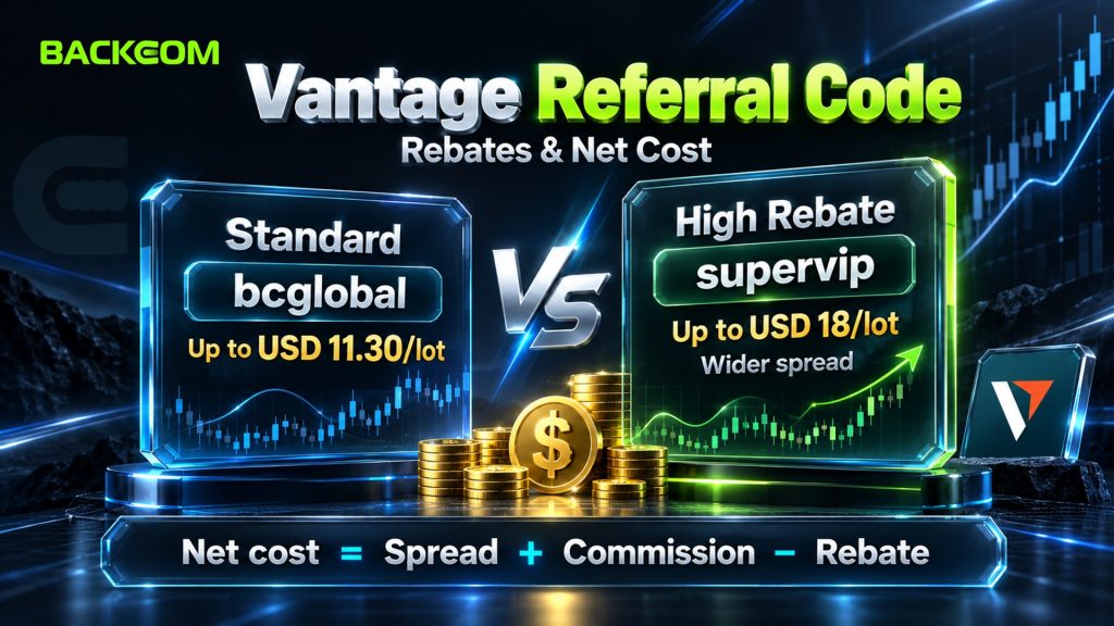 How to open a Vantage account with a referral code: bcglobal up to USD 11.30 per lot, supervip up to USD 18 per lot with wider spreads, compare net cost