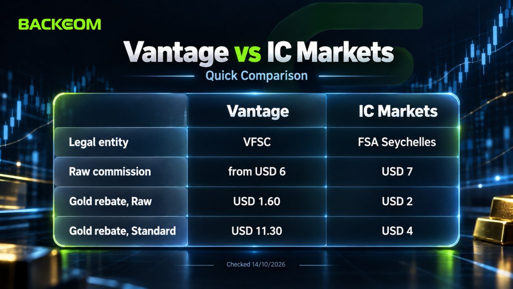 Vantage vs IC Markets: VFSC and FSA Seychelles entities, Raw commission from USD 6 and USD 7, Raw gold rebates USD 1.60 and USD 2, Standard USD 11.30 and USD 4