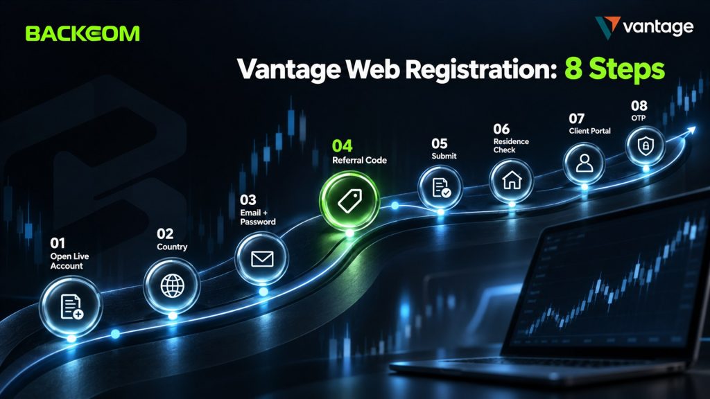 How to open a Vantage account on the web in 8 steps: open live account, country, email and password, referral code, submit, residence check, Client Portal, OTP