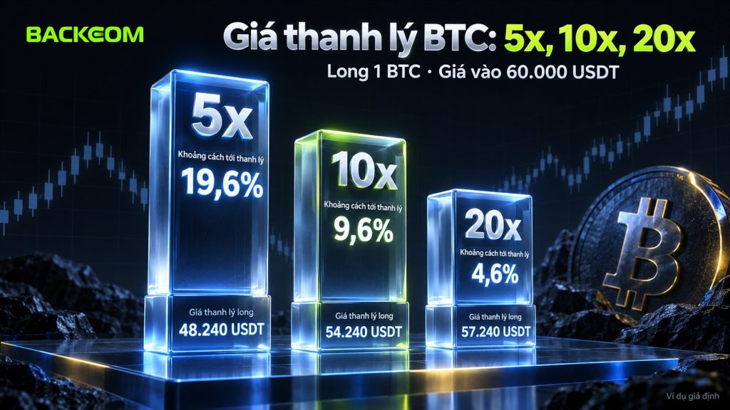 Cách tính giá thanh lý lệnh long 1 BTC giá vào 60.000 USDT: 5x thanh lý ở 48.240 USDT, 10x ở 54.240 USDT, 20x ở 57.240 USDT