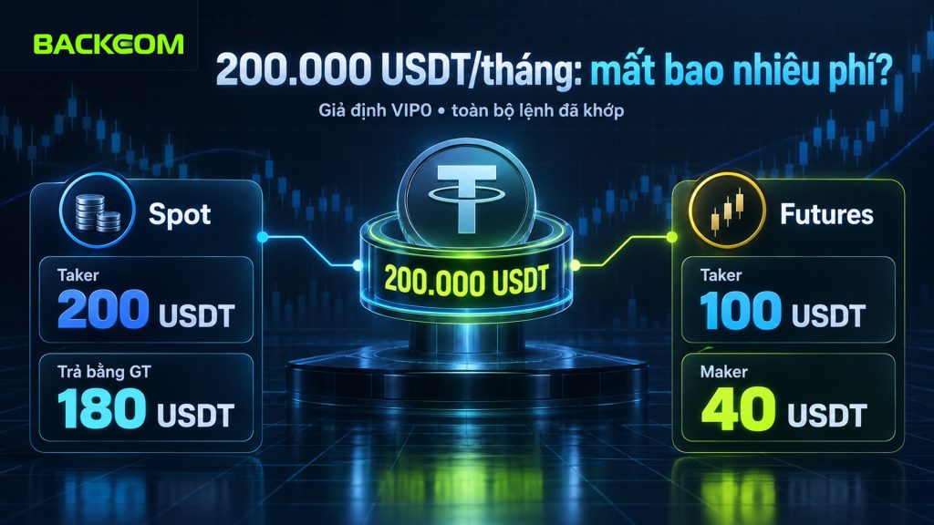 Ví dụ chi phí với 200.000 USDT mỗi tháng trên Gate: spot taker 200 USDT, trả bằng GT 180, futures taker 100 và maker 40 USDT