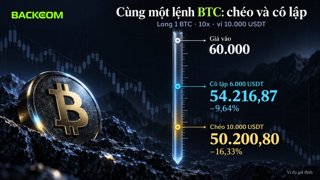Long 1 BTC giá 60.000 USDT đòn bẩy 10x: ký quỹ cô lập 6.000 USDT thanh lý ở 54.216,87, ký quỹ chéo ví 10.000 USDT thanh lý ở 50.200,80