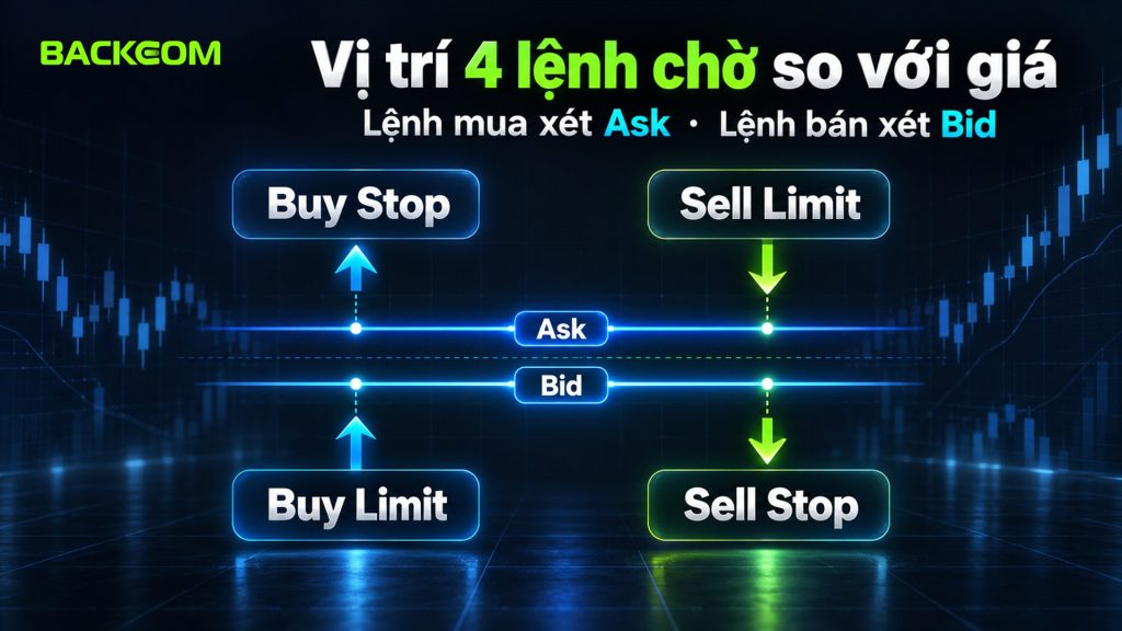 Các loại lệnh trong forex: Buy Stop và Sell Limit đặt trên giá, Buy Limit và Sell Stop đặt dưới giá, lệnh mua xét Ask còn lệnh bán xét Bid