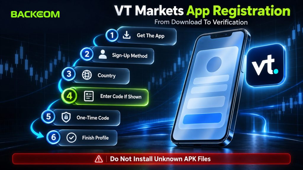 How to open a VT Markets account in the app: get the official app, choose a sign-up method, enter the code if shown, one-time code, finish profile