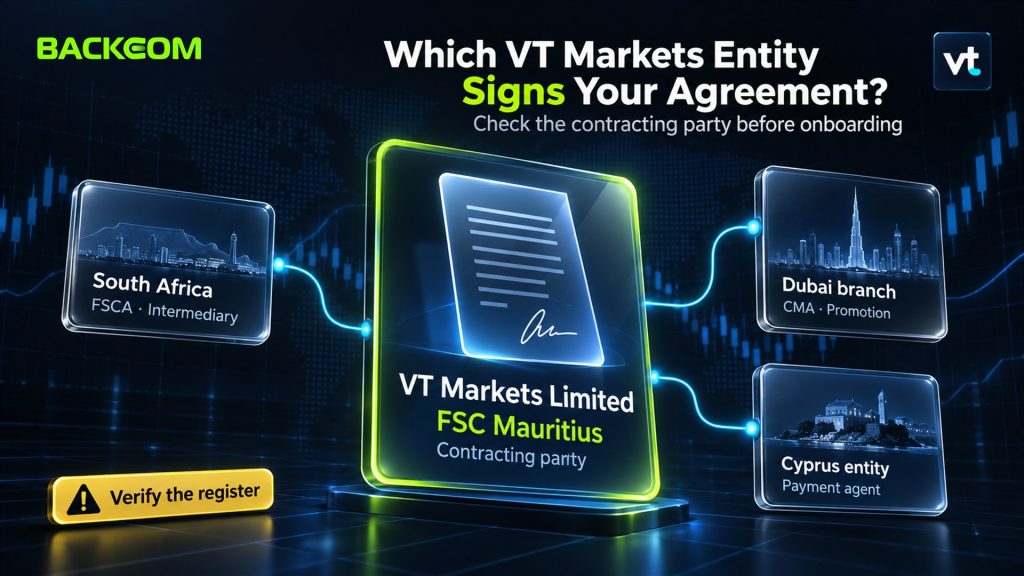 Is VT Markets legit by entity: VT Markets Limited under FSC Mauritius is the contracting party, the South African FSCA entity is an intermediary, Dubai promotes and Cyprus acts as payment agent