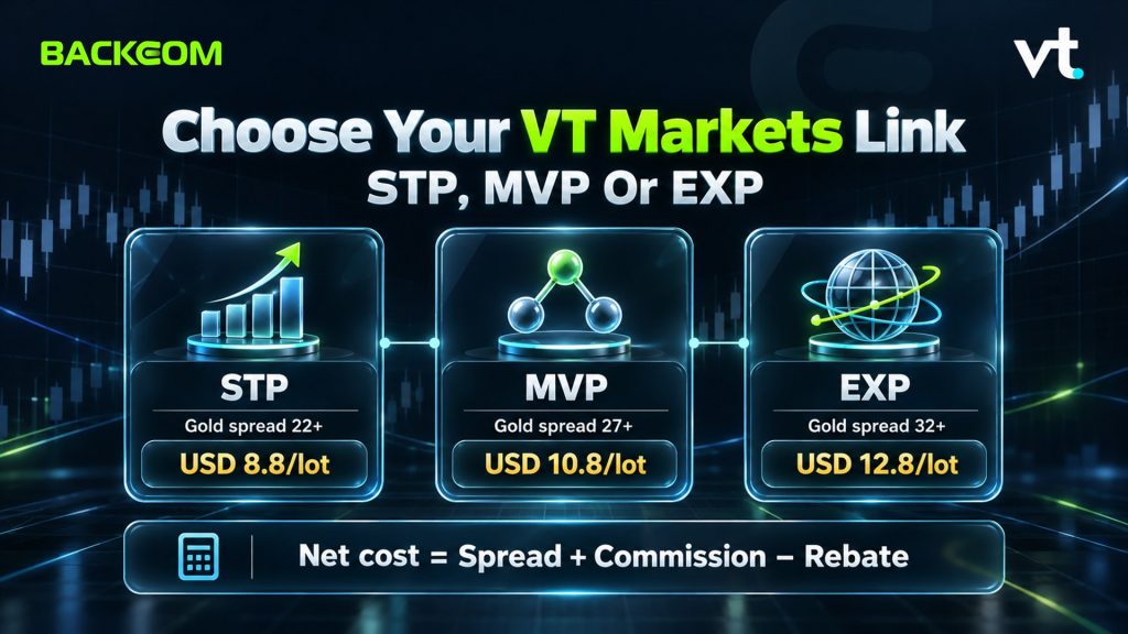 How to open a VT Markets account with the right referral tier: STP USD 8.8/lot, MVP USD 10.8/lot, EXP USD 12.8/lot, gold spread thresholds 22+, 27+, 32+