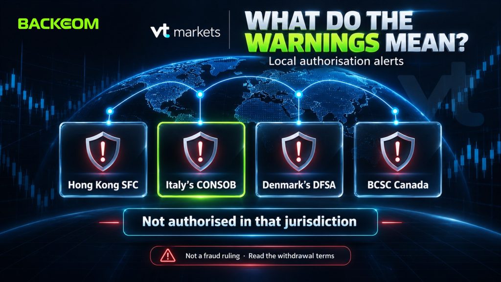 Is VT Markets legit given warnings from Hong Kong SFC, Italy's CONSOB, Denmark's DFSA and BCSC Canada about local authorisation, not a fraud ruling