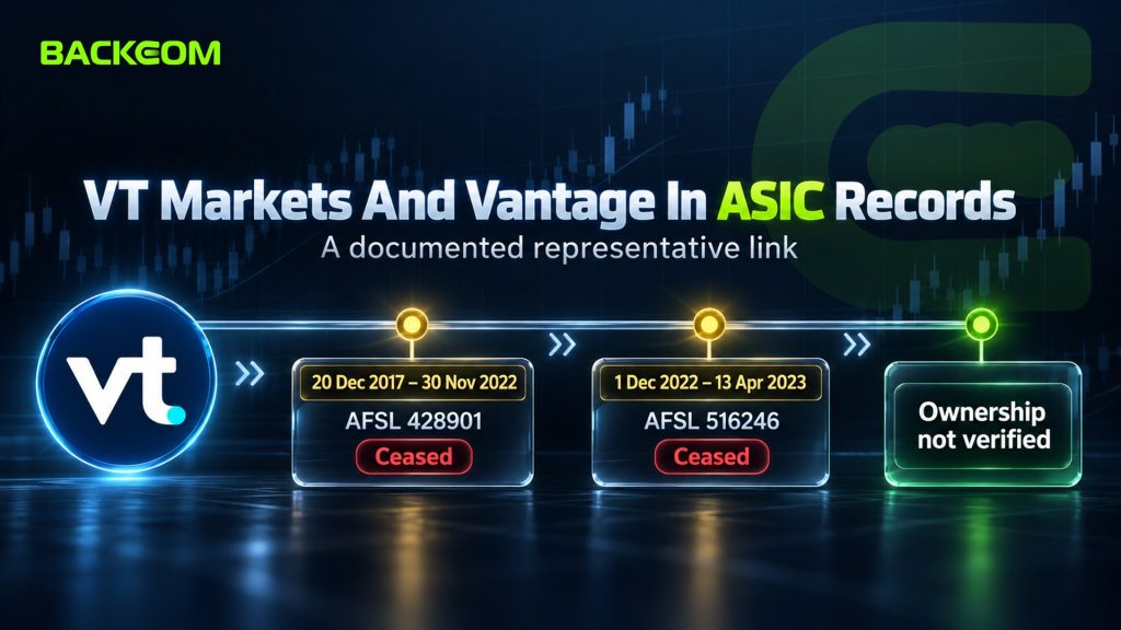 Is VT Markets legit in ASIC records: representative under AFSL 428901 from 20 December 2017 to 30 November 2022 and AFSL 516246 to 13 April 2023, current ownership not verified