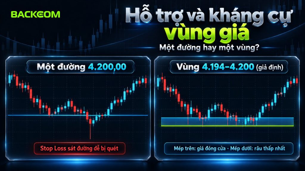 Hỗ trợ và kháng cự là vùng giá chứ không phải một đường: vùng hỗ trợ kháng cự giả định 4.194–4.200 chứa râu các đáy cũ thay vì một đường 4.200,00