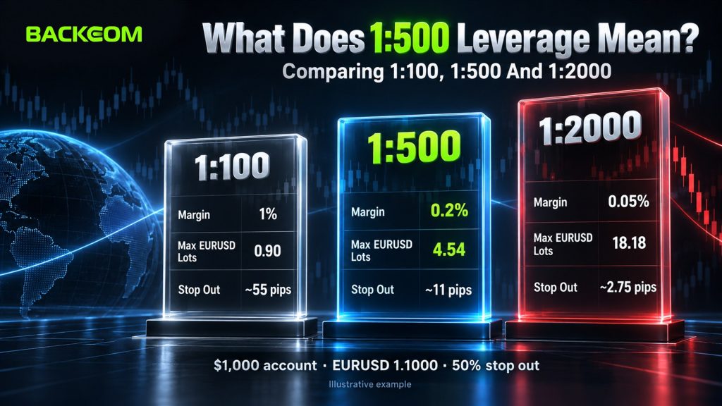 What does 1:500 leverage mean: 0.2% margin, up to 4.54 EURUSD lots on $1,000 and stop out after about 11 pips, compared with 1:100 and 1:2000