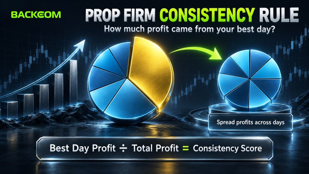A prop firm consistency rule measures how much profit came from your best day: best day profit divided by total profit gives the consistency score
