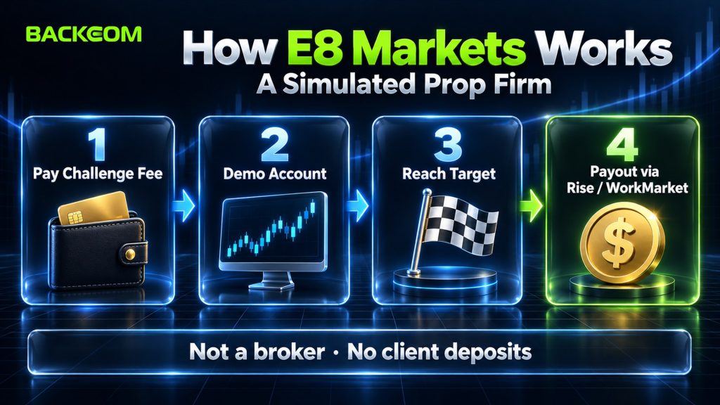 E8 Markets review: traders pay a challenge fee, trade a simulated demo account and receive payouts through Rise or WorkMarket