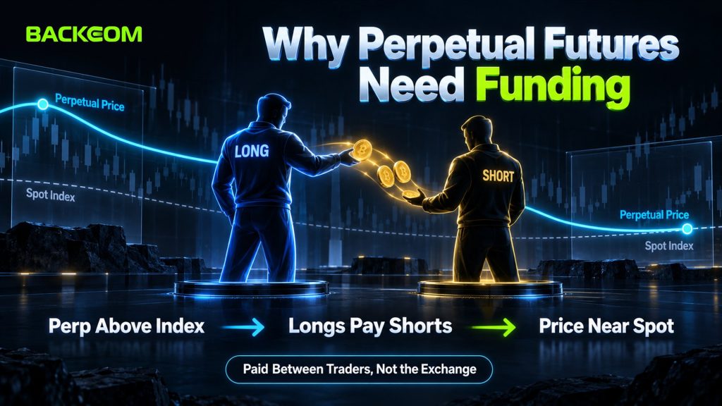 What is funding rate: when the perpetual trades above its index, longs pay shorts and the price is pulled back toward spot; paid between traders, not to the exchange