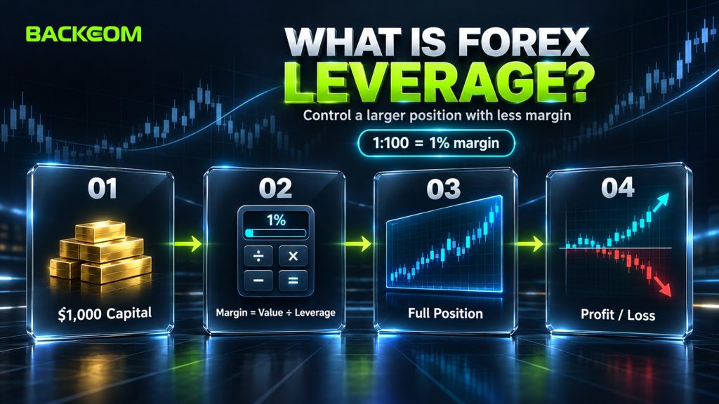 What is leverage in forex: a $1,000 account posts margin equal to trade value divided by leverage, while profit and loss apply to the full position; 1:100 means 1% margin
