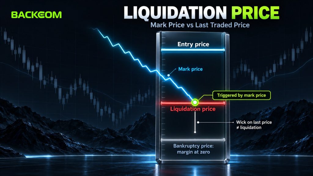 What is liquidation price: for a long, the mark price falls from entry to the liquidation price before the bankruptcy price where margin reaches zero; a wick on last price is not liquidation