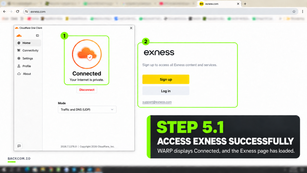 Windows step 5.1: the broker website loads successfully once WARP shows Connected