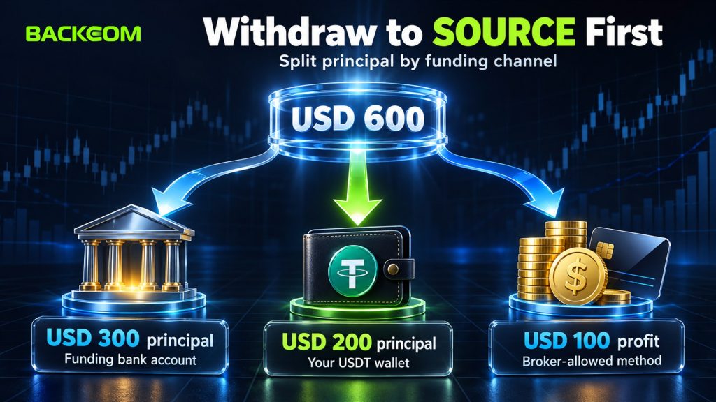 Withdraw USDT from a forex broker: of USD 600, USD 300 principal returns to the bank, USD 200 to the USDT wallet, USD 100 profit by an allowed method
